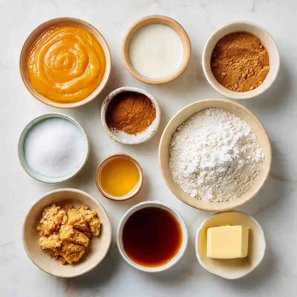 Flat lay of pumpkin pie dump cake ingredients arranged in small bowls, including pumpkin puree, flour, spices, sugar, butter, milk, and vanilla.