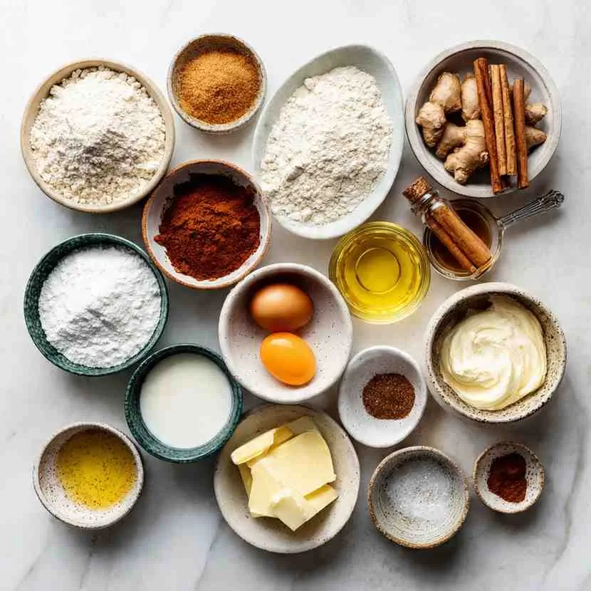 Flat-lay of bundt cake ingredients including flour, spices, eggs, butter, oil, cream, cinnamon sticks, and ginger.