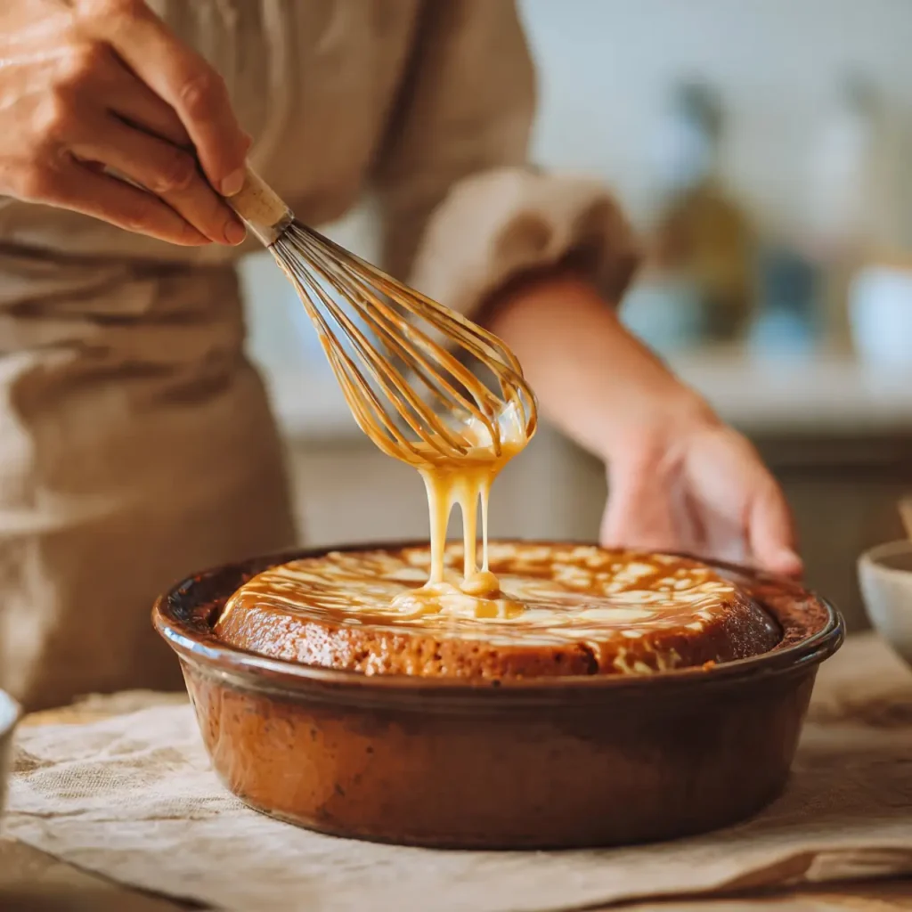 A whisk coated in caramel sauce drizzling over a freshly baked bread pudding cake in a brown baking dish.