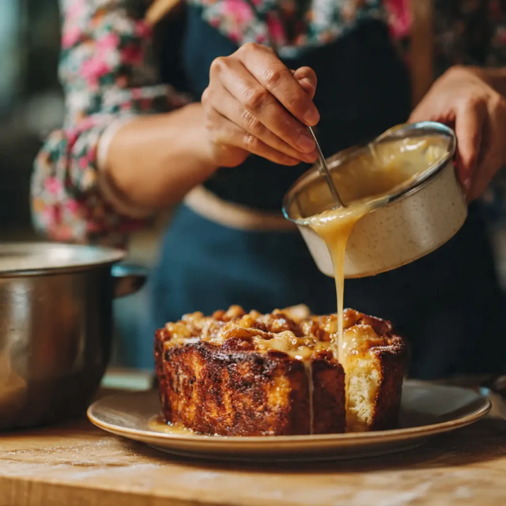 Caramel sauce being spooned onto a rustic loaf-style bread pudding cake on a plate.