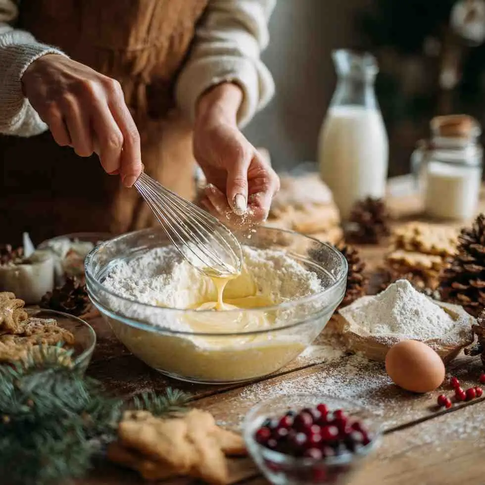 Person whisking butter and flour in a glass bowl surrounded by Christmas cookie ingredients on a rustic holiday kitchen table.