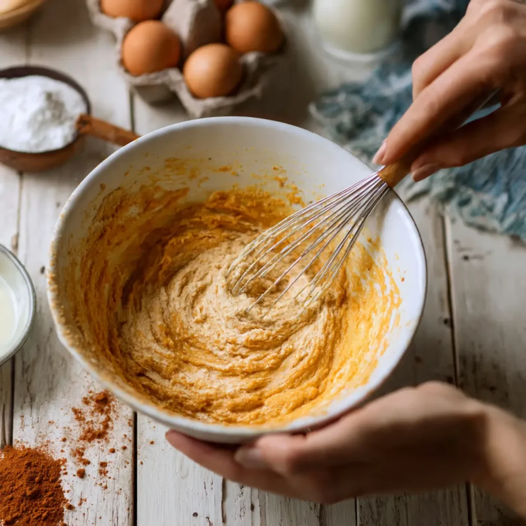 Hands whisking pumpkin cake batter in a white bowl surrounded by eggs, flour, cinnamon, and milk.
