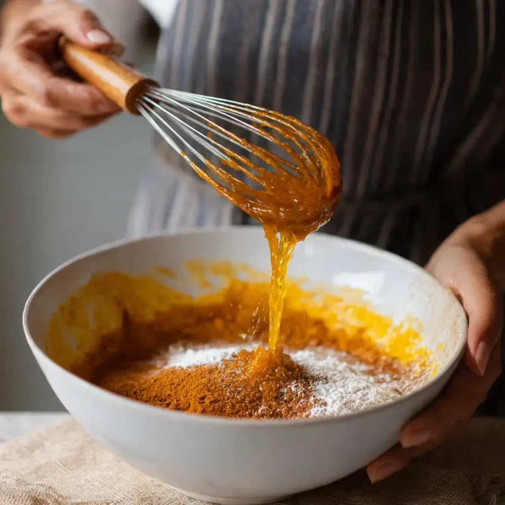 Thick pumpkin batter dripping from a whisk over a bowl filled with flour and cinnamon.