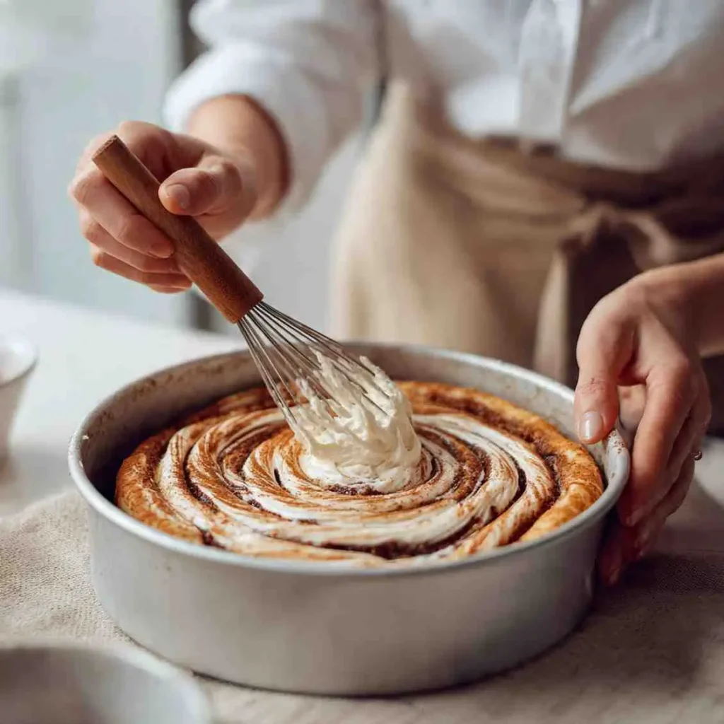 Hands spreading icing over a freshly baked Cinnamon Roll Cake in a round pan using a whisk.