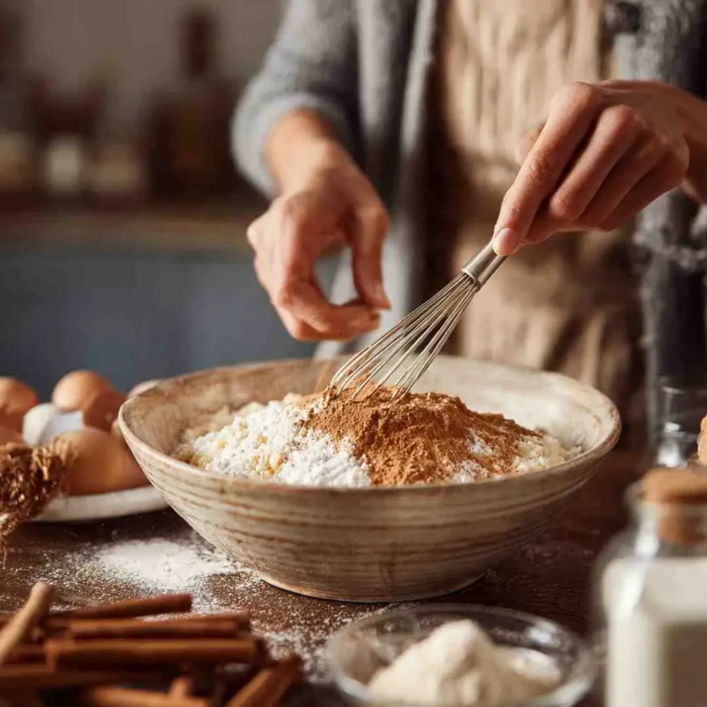 Hands whisking cinnamon into flour and sugar mixture in a rustic bowl surrounded by baking ingredients.
