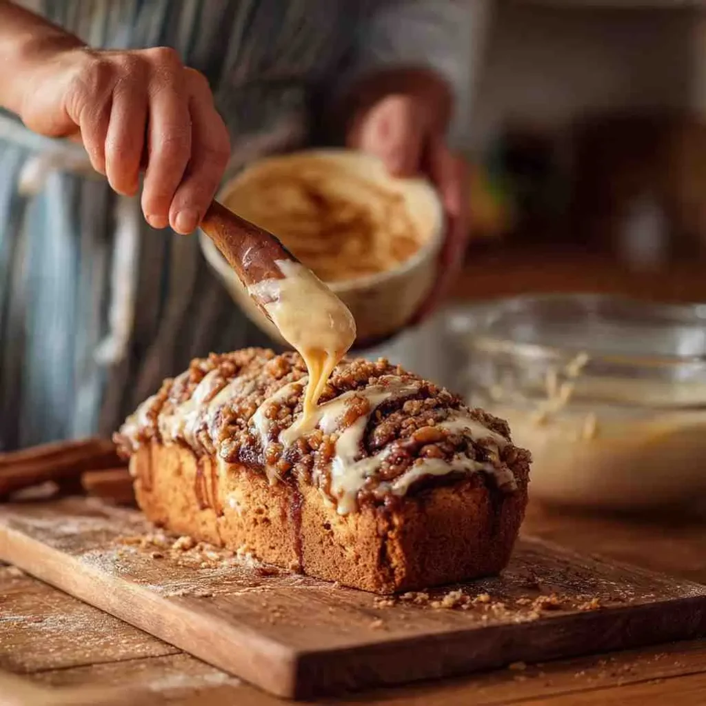 Hands drizzling icing over a freshly baked cinnamon streusel loaf cake on a wooden board.