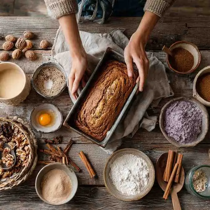 Hands holding a warm cinnamon loaf in a pan surrounded by rustic baking ingredients such as flour, spices, sugar, eggs, and nuts on a wooden table.