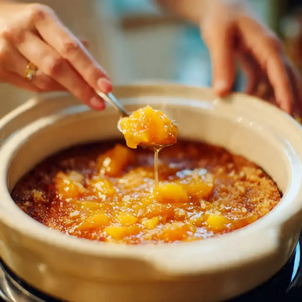 Hand scooping warm peach filling from a cooked crockpot peach dessert cake.