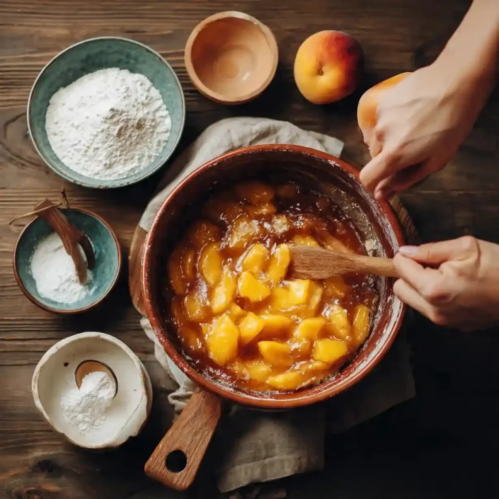 Hands stirring sliced peaches and brown sugar in a pot to prepare the peach filling.