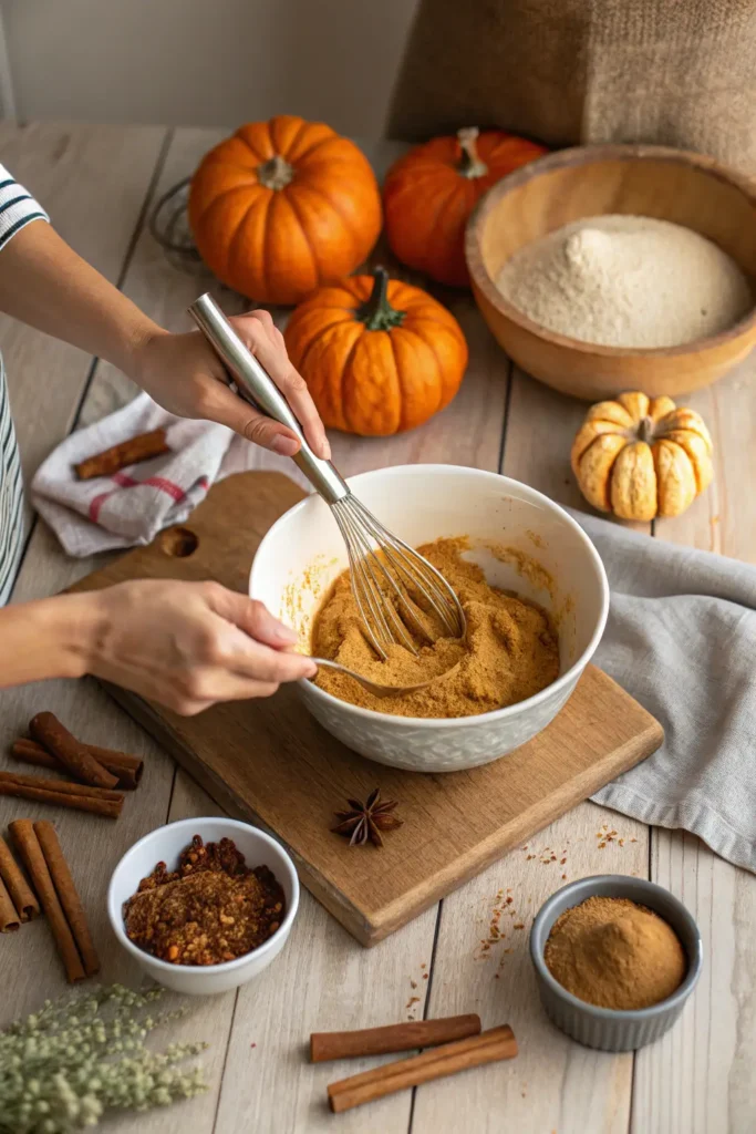 Person whisking pumpkin cake mixture in a white bowl surrounded by pumpkins, spices, and flour.