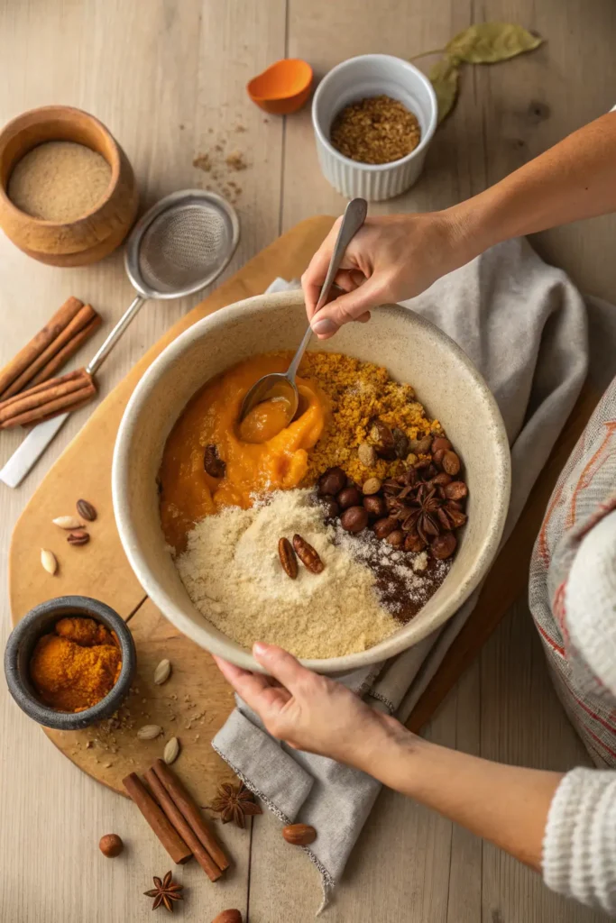 Person mixing pumpkin purée, nuts, and spices in a large ceramic bowl for pumpkin dump cake.