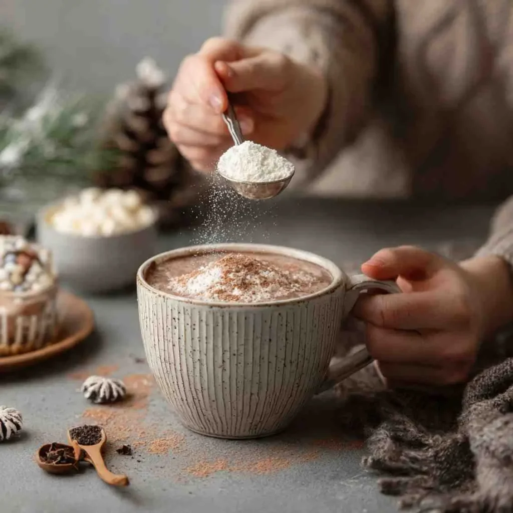 Hands sprinkling powdered cocoa over a warm mug of hot chocolate.