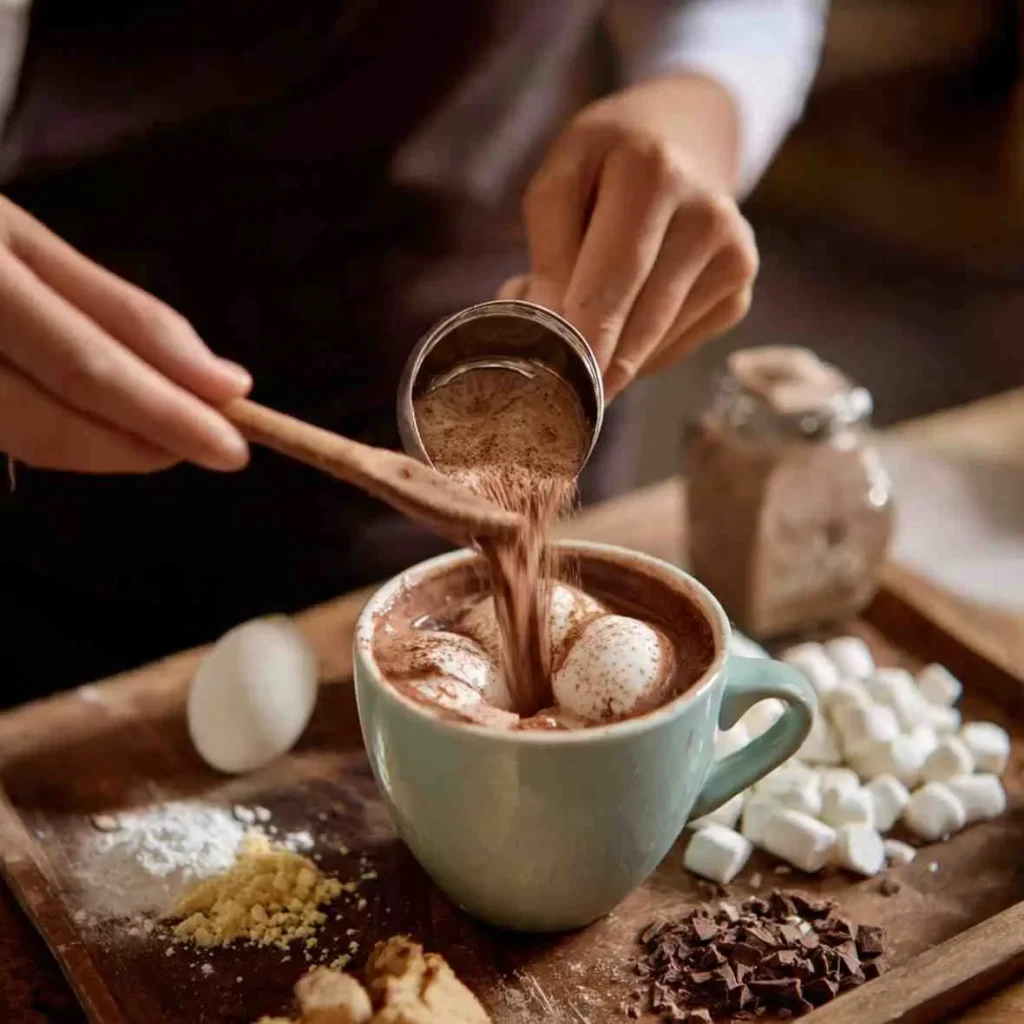 Hot chocolate being topped with cocoa powder while mini marshmallows float in the mug.