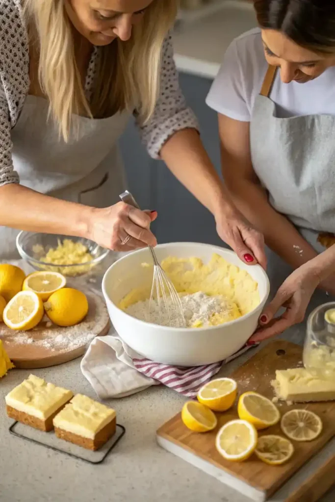Two women mixing lemon cake batter in a white bowl surrounded by fresh lemons and flour.
