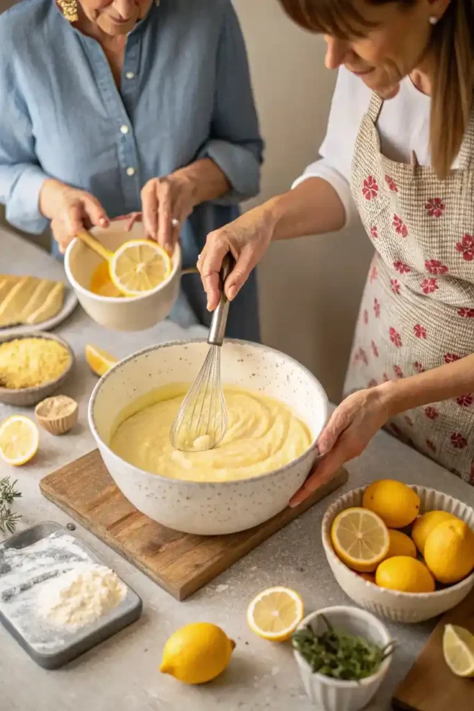 Women preparing lemon drizzle cake batter with whisk and fresh lemons on the counter.