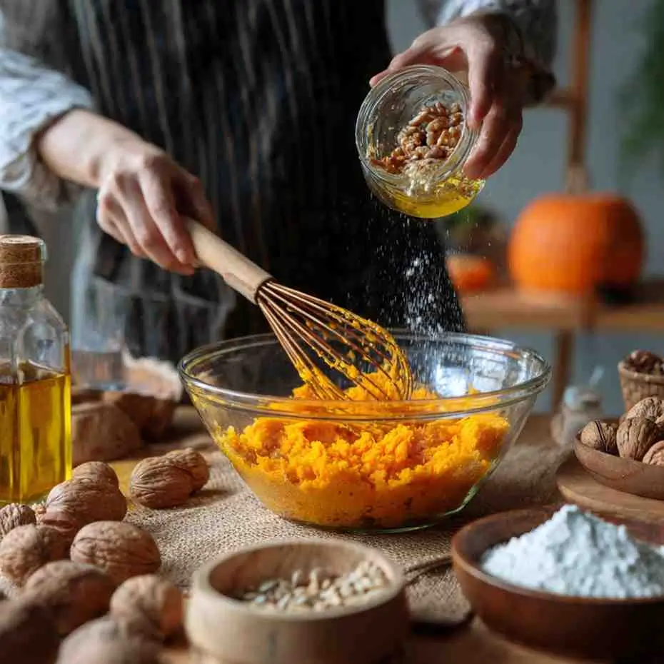 Hands whisking pumpkin purée in a glass bowl while adding chopped nuts and oil.