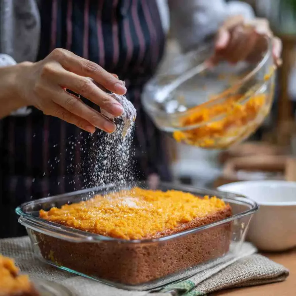 Hands sprinkling sugar over a pumpkin mixture spread on top of a partially baked cake.