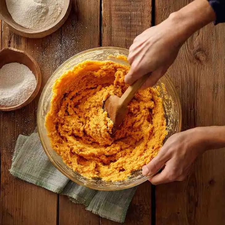 Hands stirring thick pumpkin batter in a glass mixing bowl.