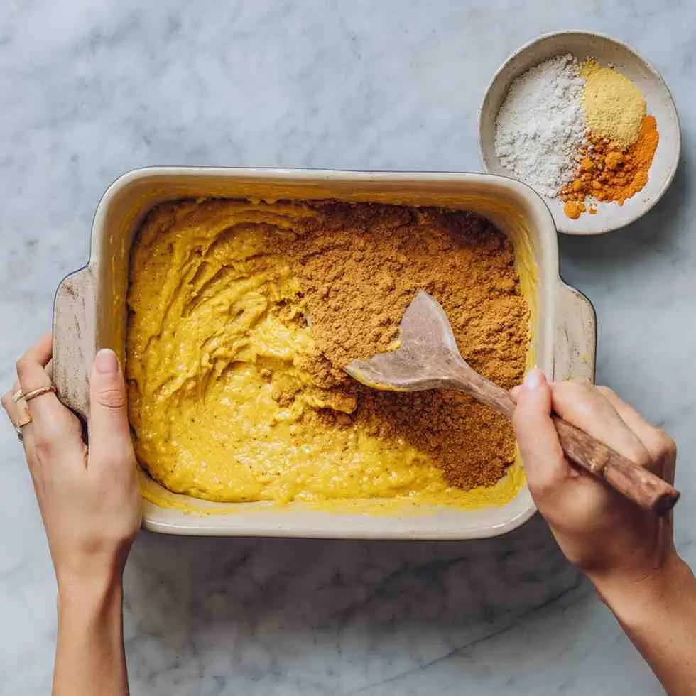 Hands stirring pumpkin batter with added spices in a baking dish.