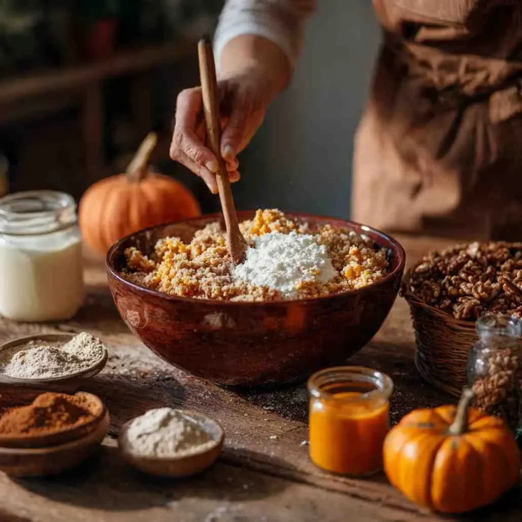 Baker mixing pumpkin dump cake ingredients in a wooden bowl surrounded by pumpkins, milk, spices, and baking tools.