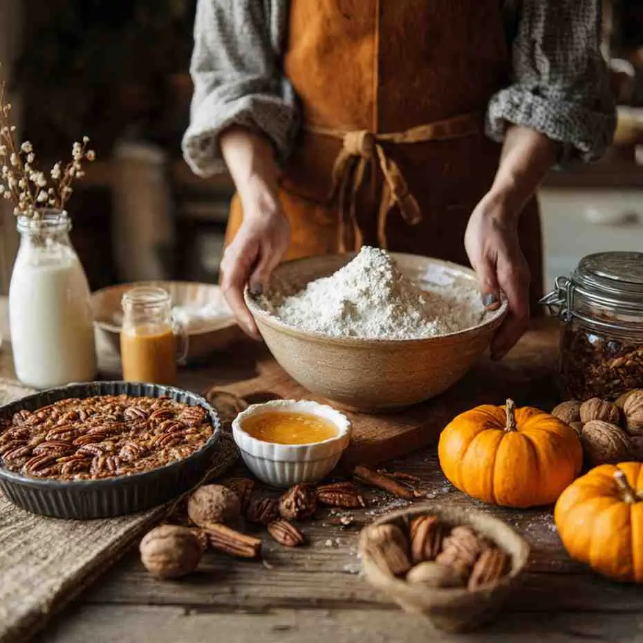 Hands holding a bowl of flour next to pumpkins, pecans, milk, and fall spices on a wooden table.