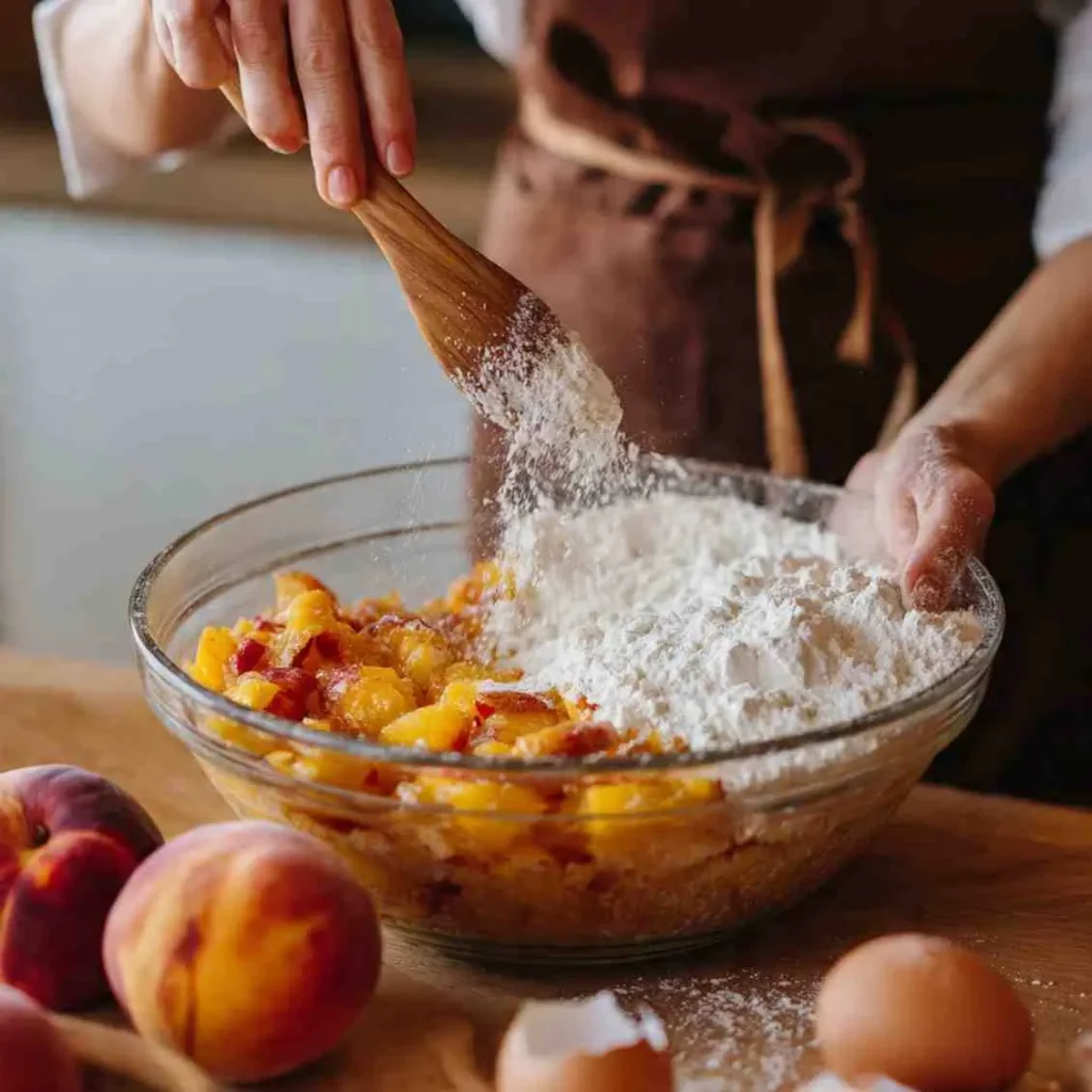 Hands mixing fresh peaches and flour in a large glass bowl while preparing Southern Peach Cake batter.