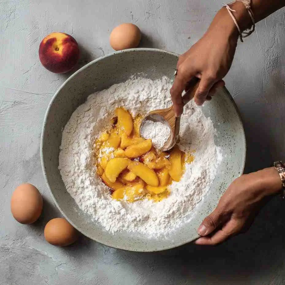 Top-down view of a mixing bowl filled with flour and sliced peaches being combined to make peach cake batter.