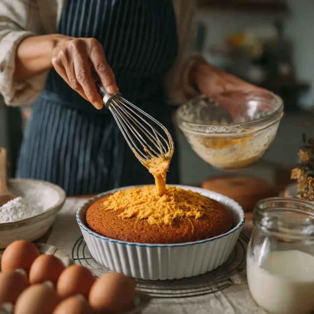 Baker whisking pumpkin batter onto a freshly baked Thanksgiving pumpkin cake in a ceramic dish.