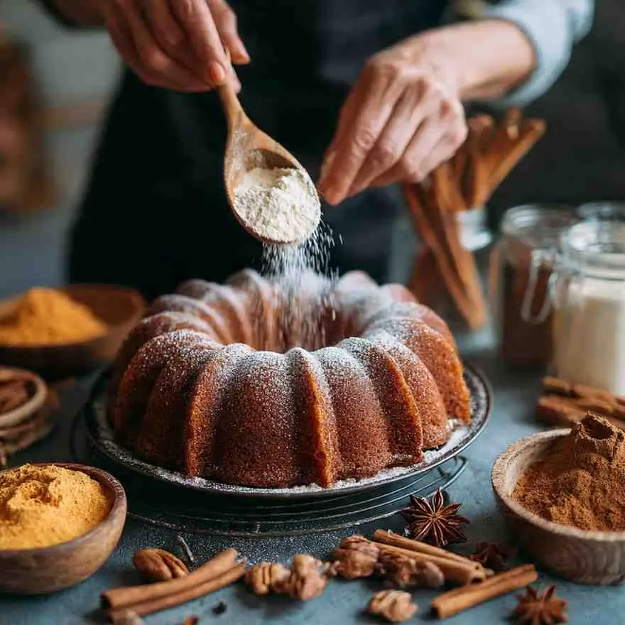 Hands dusting powdered sugar over a warm spice bundt cake surrounded by spices.