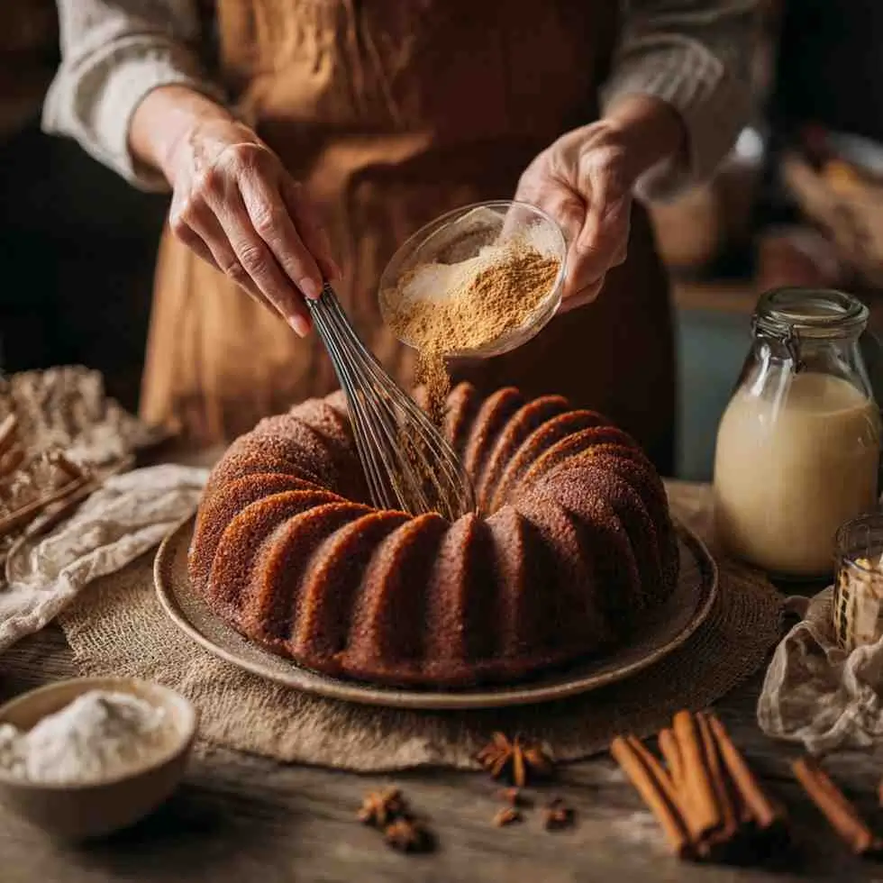 Hands sprinkling warm spices into the center of a bundt cake with baking ingredients in the background.