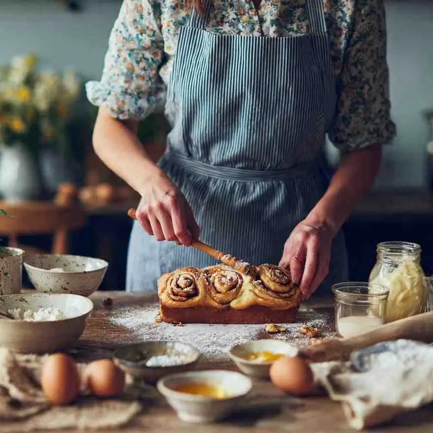 Baker icing a loaf made of cinnamon rolls arranged in a row, surrounded by bowls of flour, eggs, butter, and baking tools.