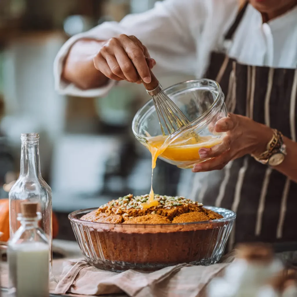 Person pouring pumpkin glaze over a warm Thanksgiving pumpkin cake topped with nuts.