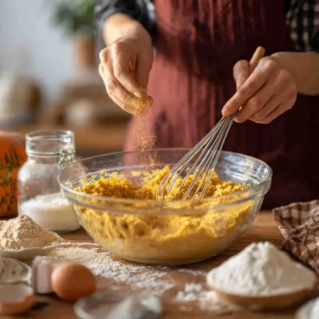 Person sprinkling brown sugar into a bowl of pumpkin batter while mixing.