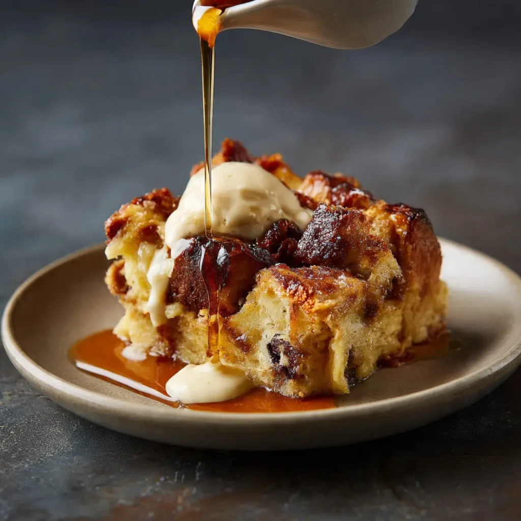 A warm slice of brioche bread pudding topped with melting ice cream as maple syrup is poured over it.