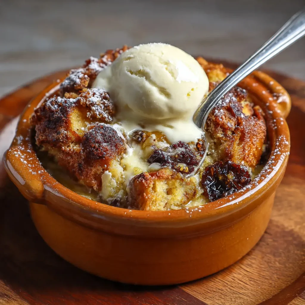 Individual serving of brioche bread pudding in a ceramic dish topped with vanilla ice cream and powdered sugar.