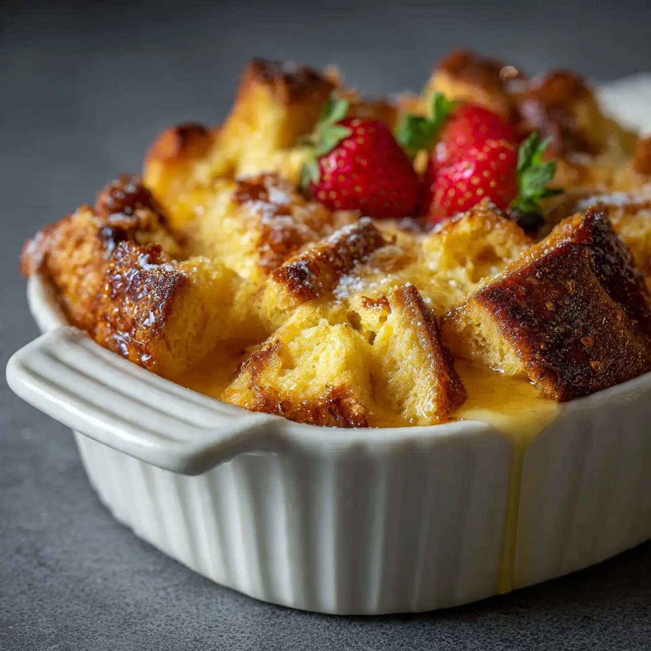 Golden brioche bread pudding in a white baking dish topped with fresh strawberries and powdered sugar.