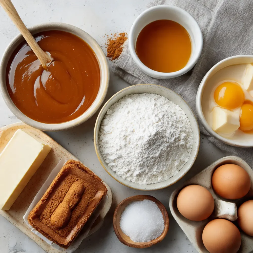Ingredients for caramel bread pudding cake, including caramel sauce, flour, butter, eggs, cinnamon, and sugar arranged in bowls.