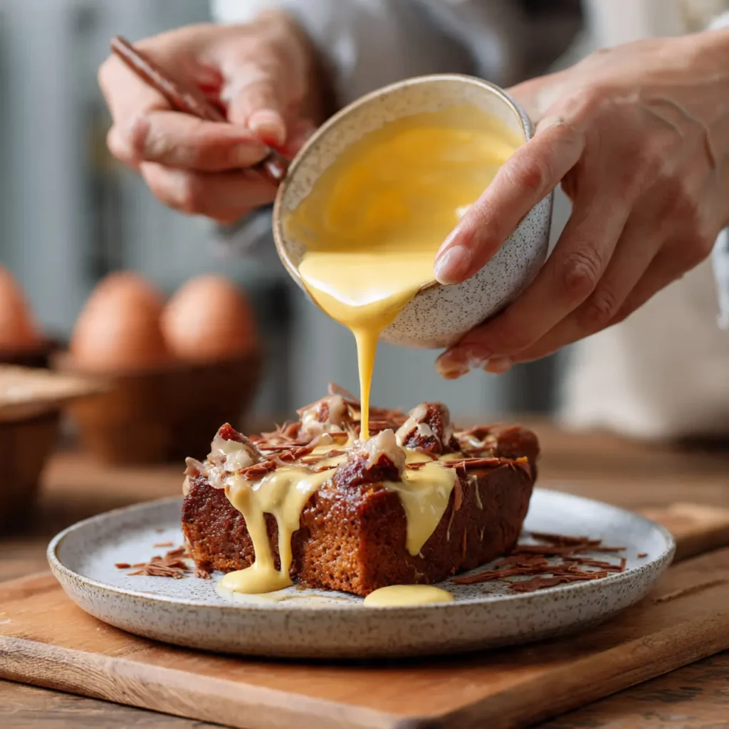 Caramel custard being poured over a rectangular caramel bread pudding cake topped with nuts.