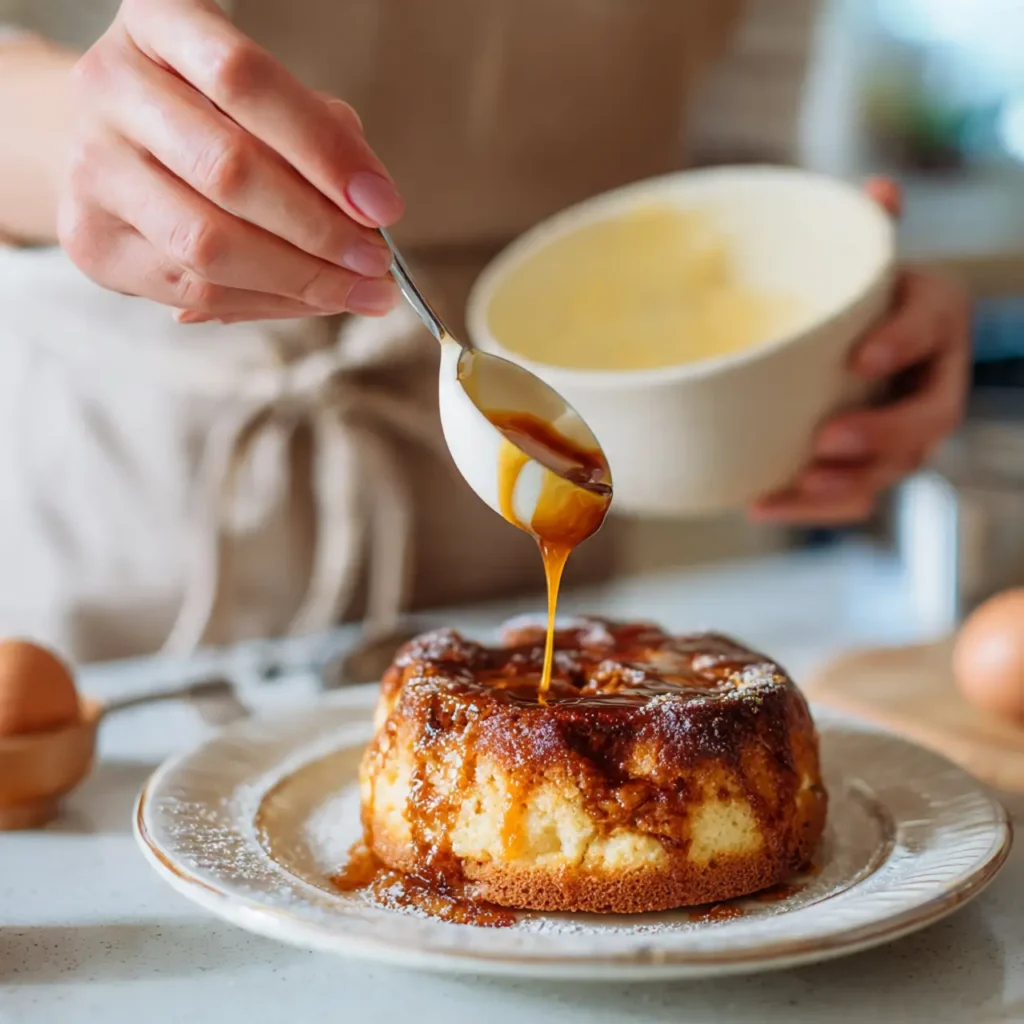 Person spooning warm caramel sauce over a mini caramel bread pudding cake.