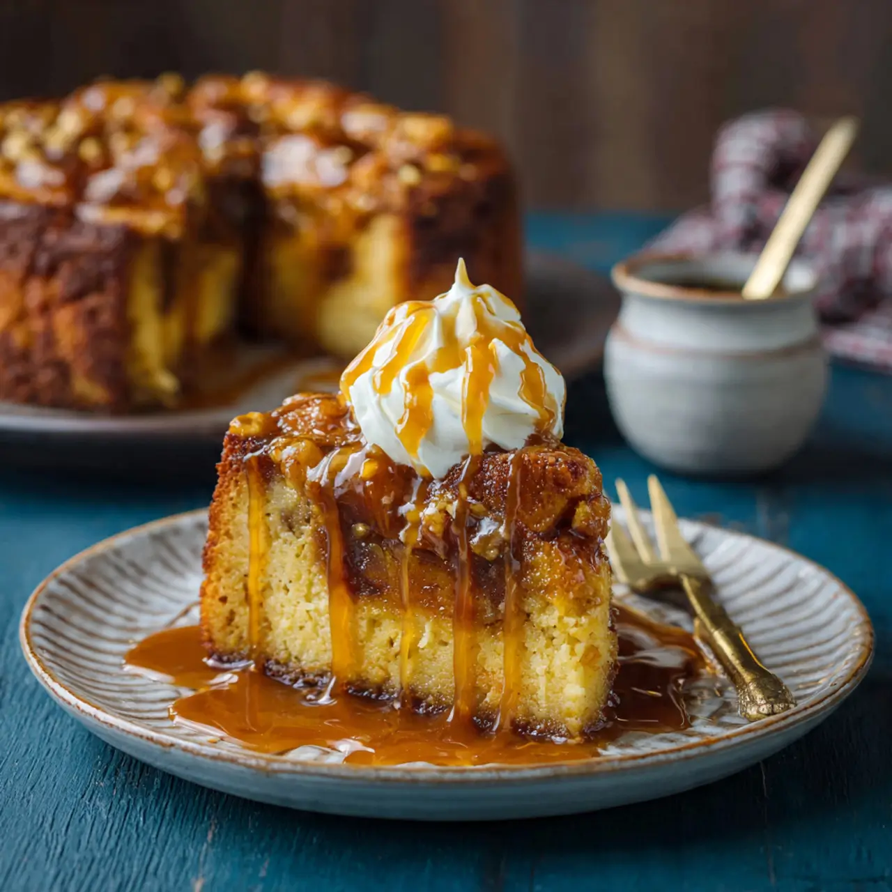 Slice of caramel bread pudding cake topped with whipped cream and caramel drizzle.