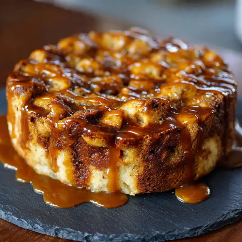 Whole caramel bread pudding cake with thick caramel sauce dripping over the edges.