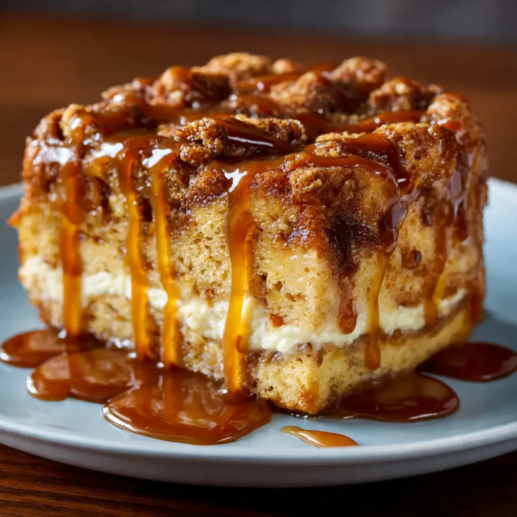 Caramel bread pudding cake slice filled with a creamy layer and topped with caramel drizzle.