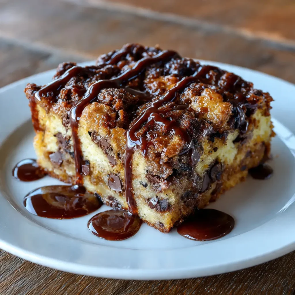 A square slice of chocolate chip bread pudding cake drizzled generously with warm chocolate sauce on a white plate.