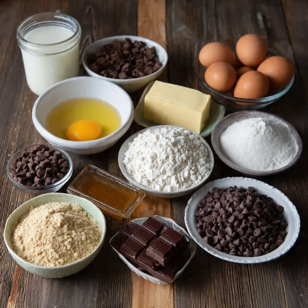 Ingredients for chocolate chip bread pudding cake arranged on a wooden table, including chocolate chips, eggs, flour, sugar, butter, milk, and brown sugar.