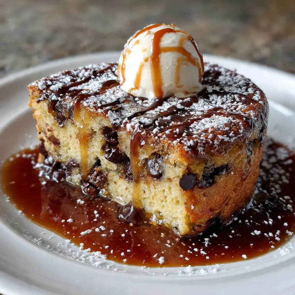 A slice of chocolate chip bread pudding cake topped with a scoop of vanilla ice cream, caramel drizzle, and powdered sugar.