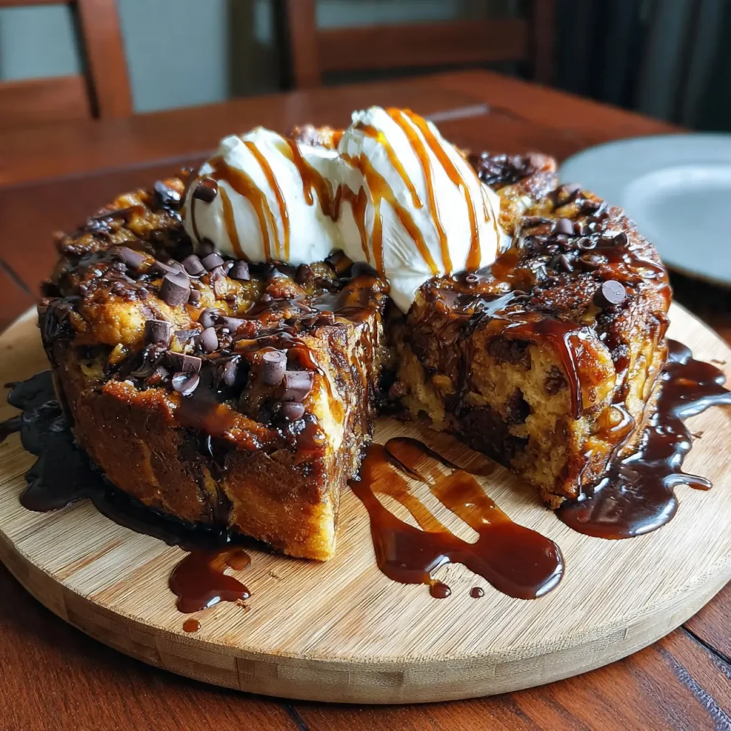 A round chocolate chip bread pudding cake topped with two scoops of vanilla ice cream and caramel drizzle, with a slice removed.