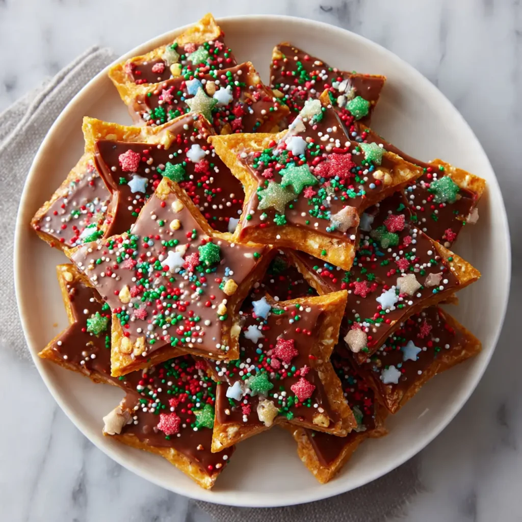 Christmas Crack cut into star shapes and topped with chocolate and holiday sprinkles on a white plate.