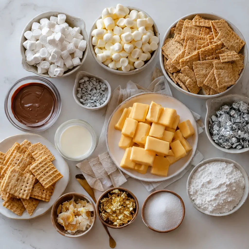 Ingredients for Christmas Crack including saltine crackers, marshmallows, butter, sugar, chocolate, and festive toppings arranged on a white surface.