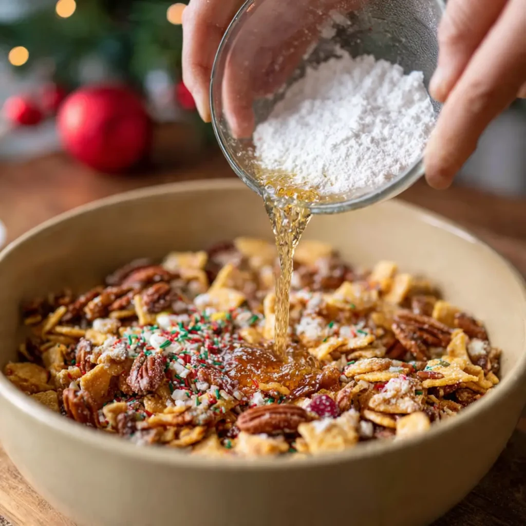 Hot toffee being poured over crackers and holiday toppings while making Christmas Crack.