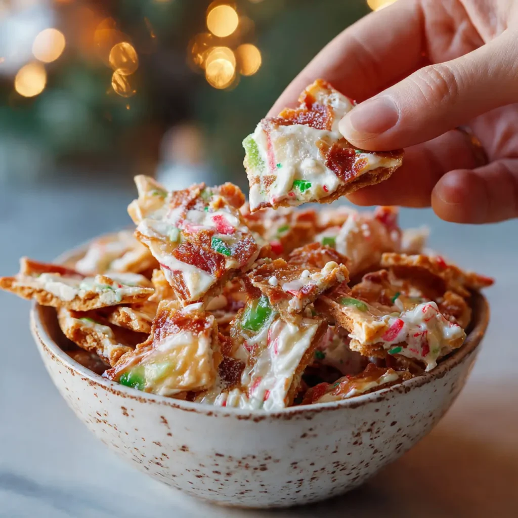 Hand holding a piece of Christmas Crack with melted chocolate, toffee, and festive candy bits.